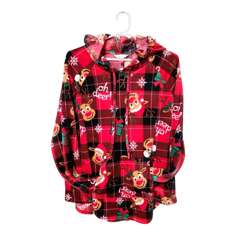 No Boundaries Red Plaid Hoodie with Reindeer